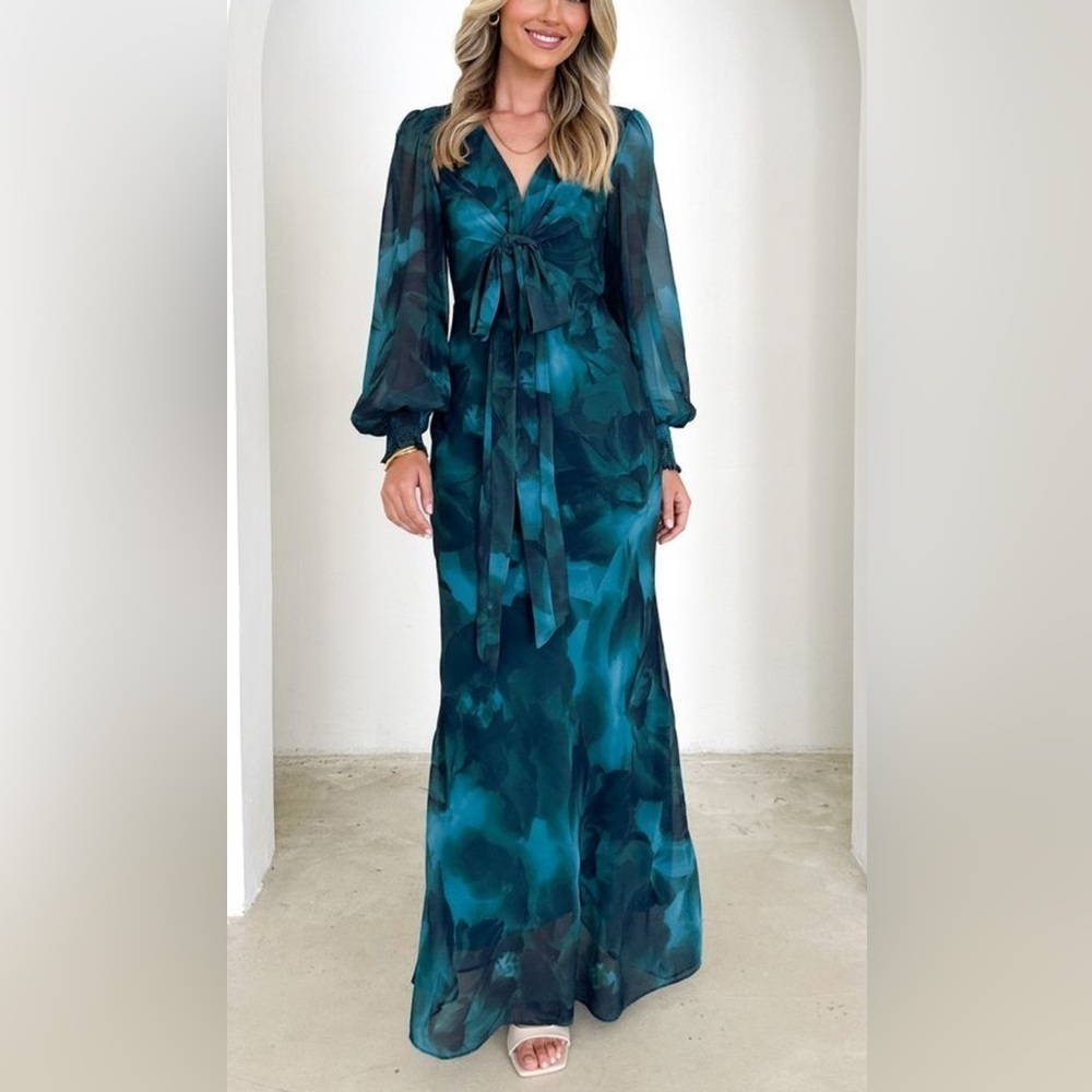 Gingham and Heels Cameilla Longsleeve Maxi Dress in Deep Lagoon Size 6 Green NWT
